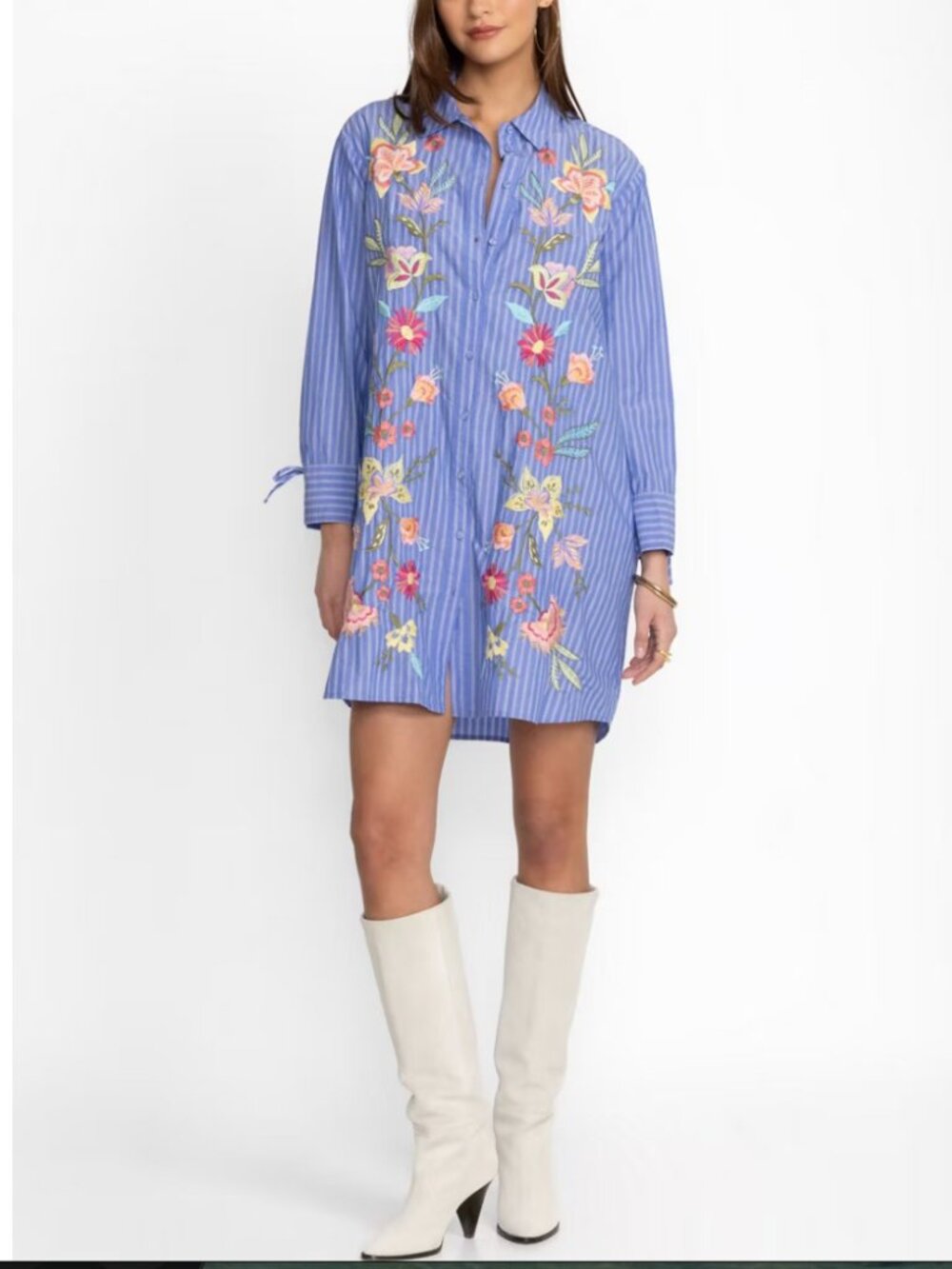 Johnny Was Blue Striped Camellia Embroidered Ruched Sleeve Tunic Dress Large